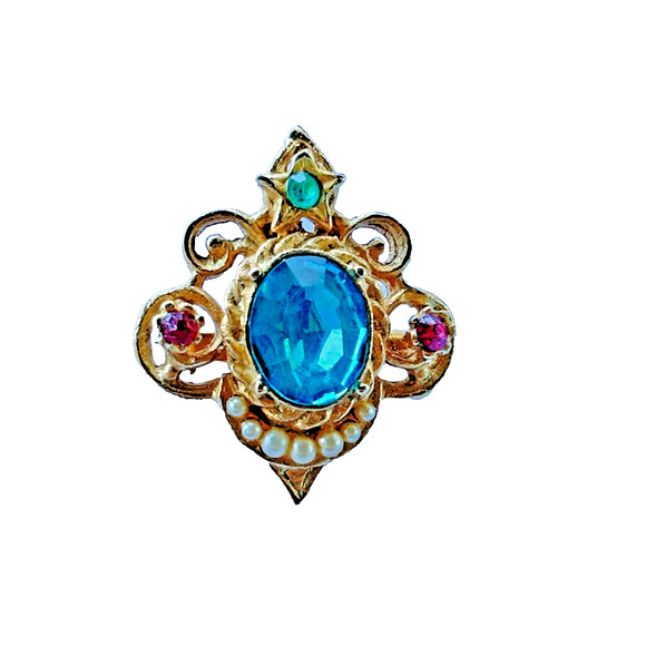 Coro signed vintage aqua blue rhinestone & faux pearl brooch pin goldtone 1" - Picture 5 of 13